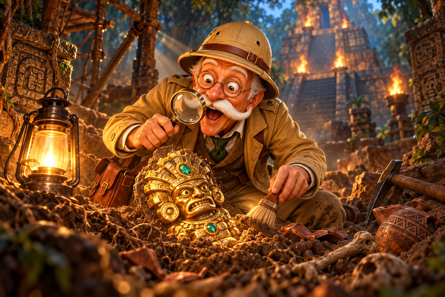 The archaeologist uncovers a golden idol by lantern light, magnifying glass in hand