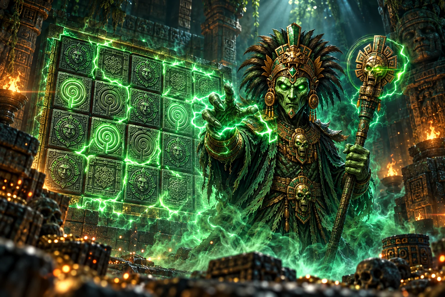 The Dark Chieftain summons emerald lightning across a wall of cursed stone tiles