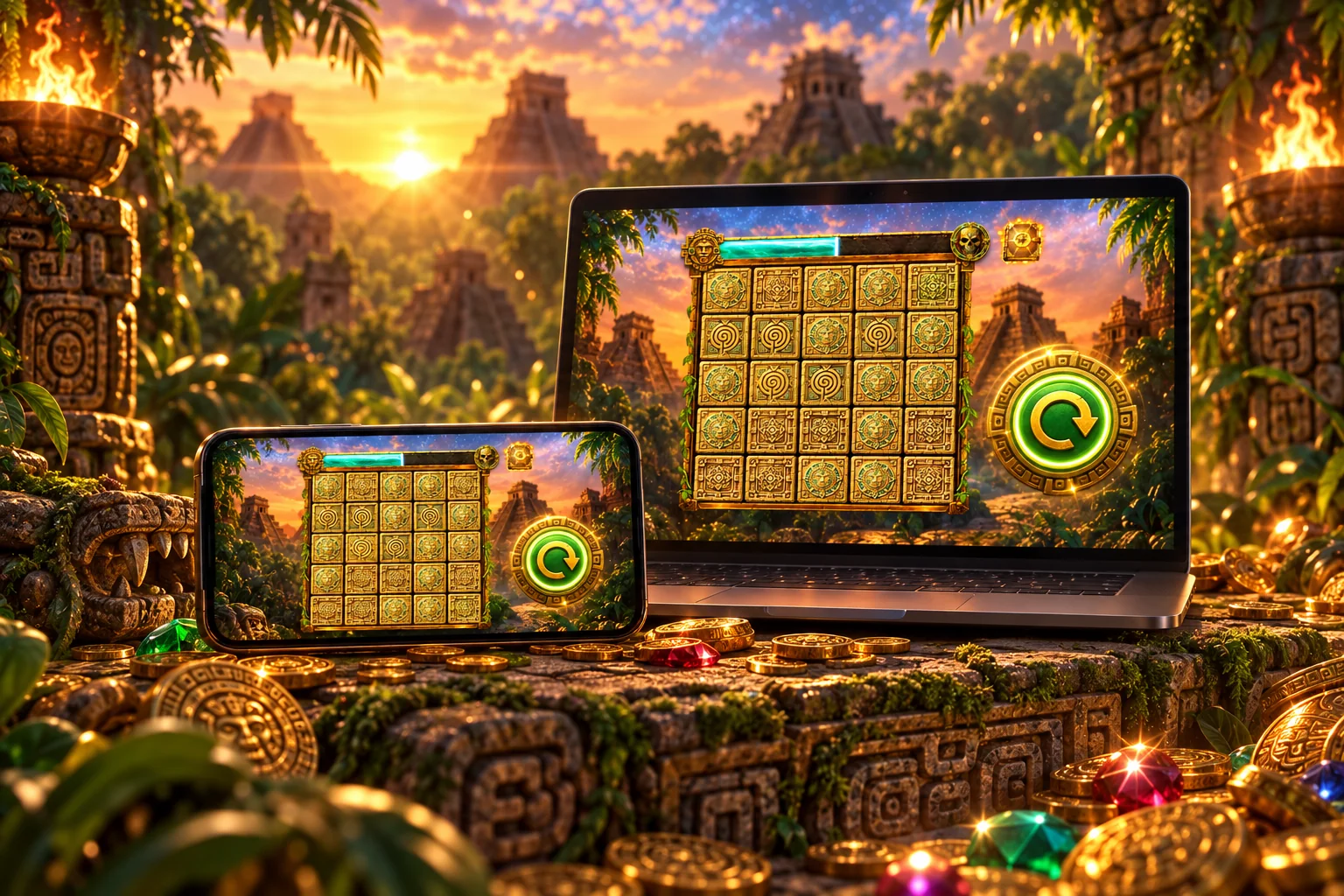 Treasure Hunt running on a laptop and a phone on a mossy Mayan altar at sunset