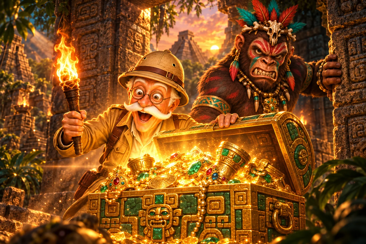 The archaeologist opens a glowing treasure chest as the Monkey Guardian looms behind him in a Mayan temple