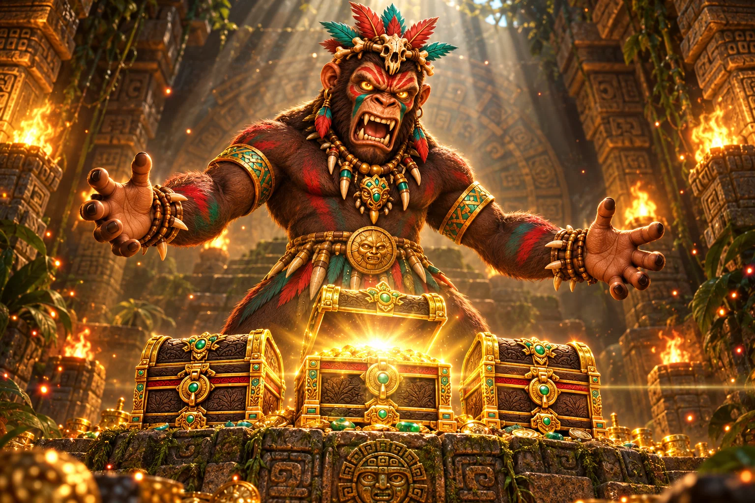 The Monkey Guardian roars above three ornate treasure chests on a temple altar