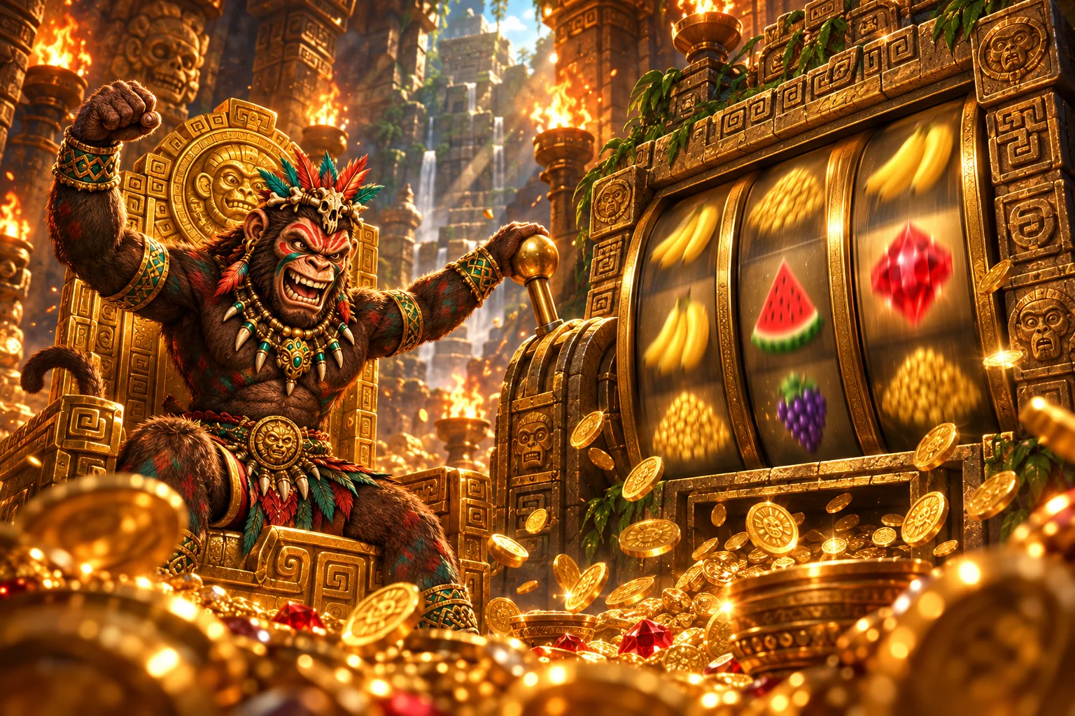 The Monkey King pulls the lever of a giant stone slot machine as gold coins burst out