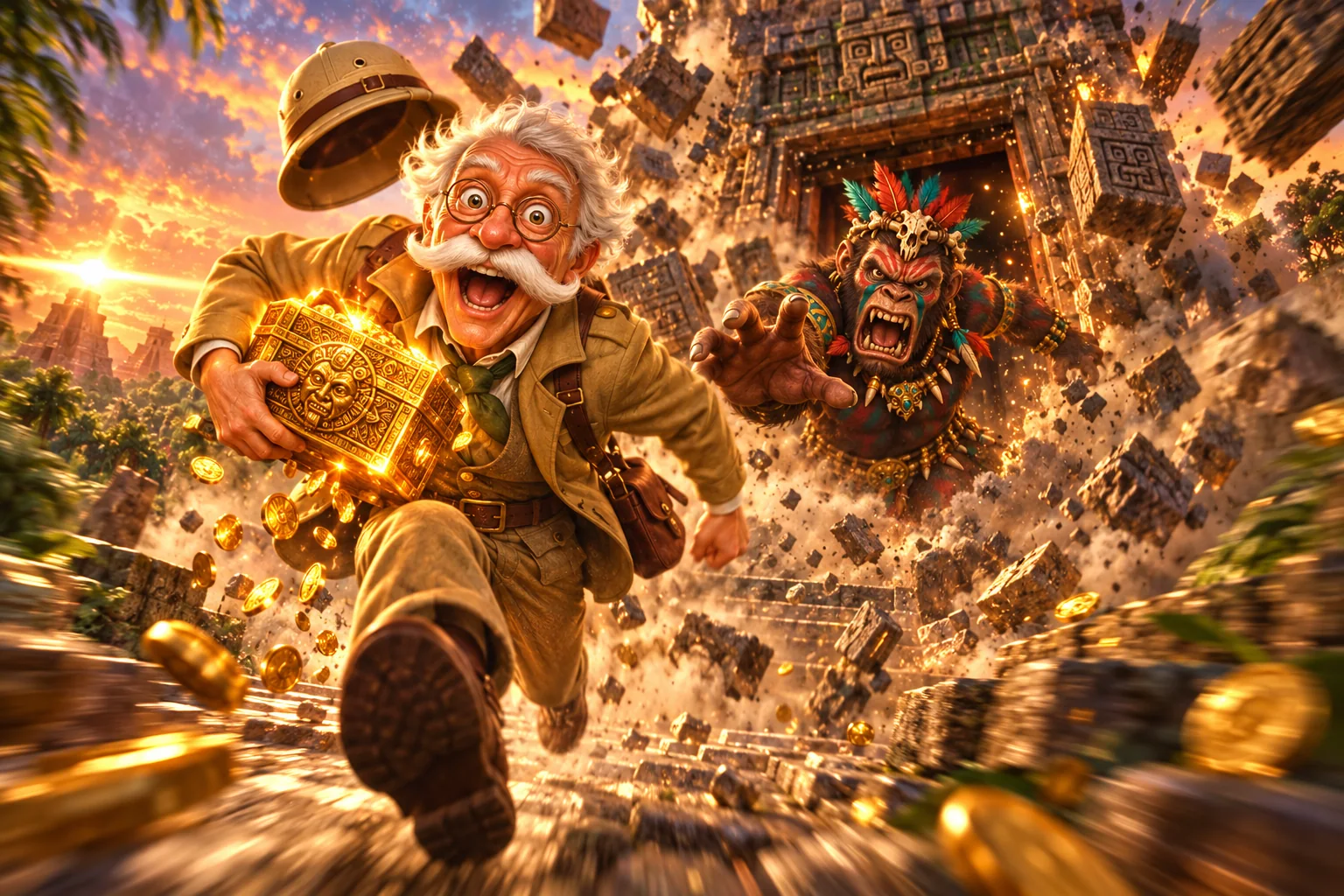 The archaeologist sprints from a collapsing temple clutching a glowing chest, the Monkey Guardian behind him