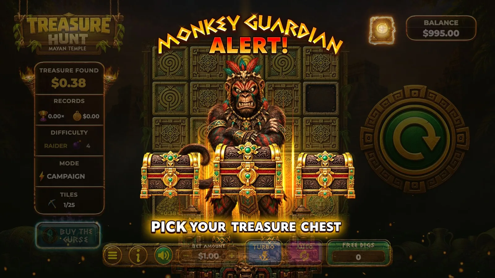 In-game: Monkey Guardian Alert with three treasure chests to pick from
